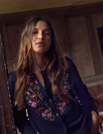 Elizabeth Verzierte Strickjacke-Marineblau, Blütenverzierung