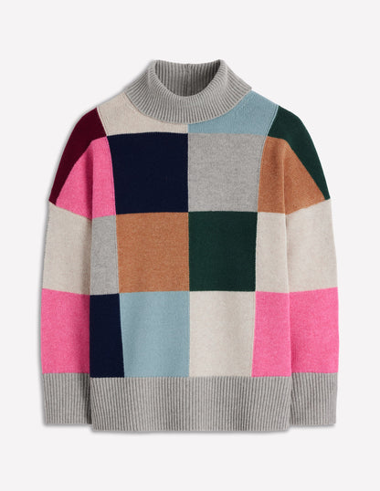 Polly Merino-Rollkragenpullover-Blaugrau Meliert mit Karos-7