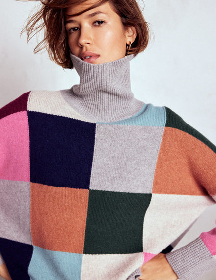 Polly Merino-Rollkragenpullover-Blaugrau Meliert mit Karos