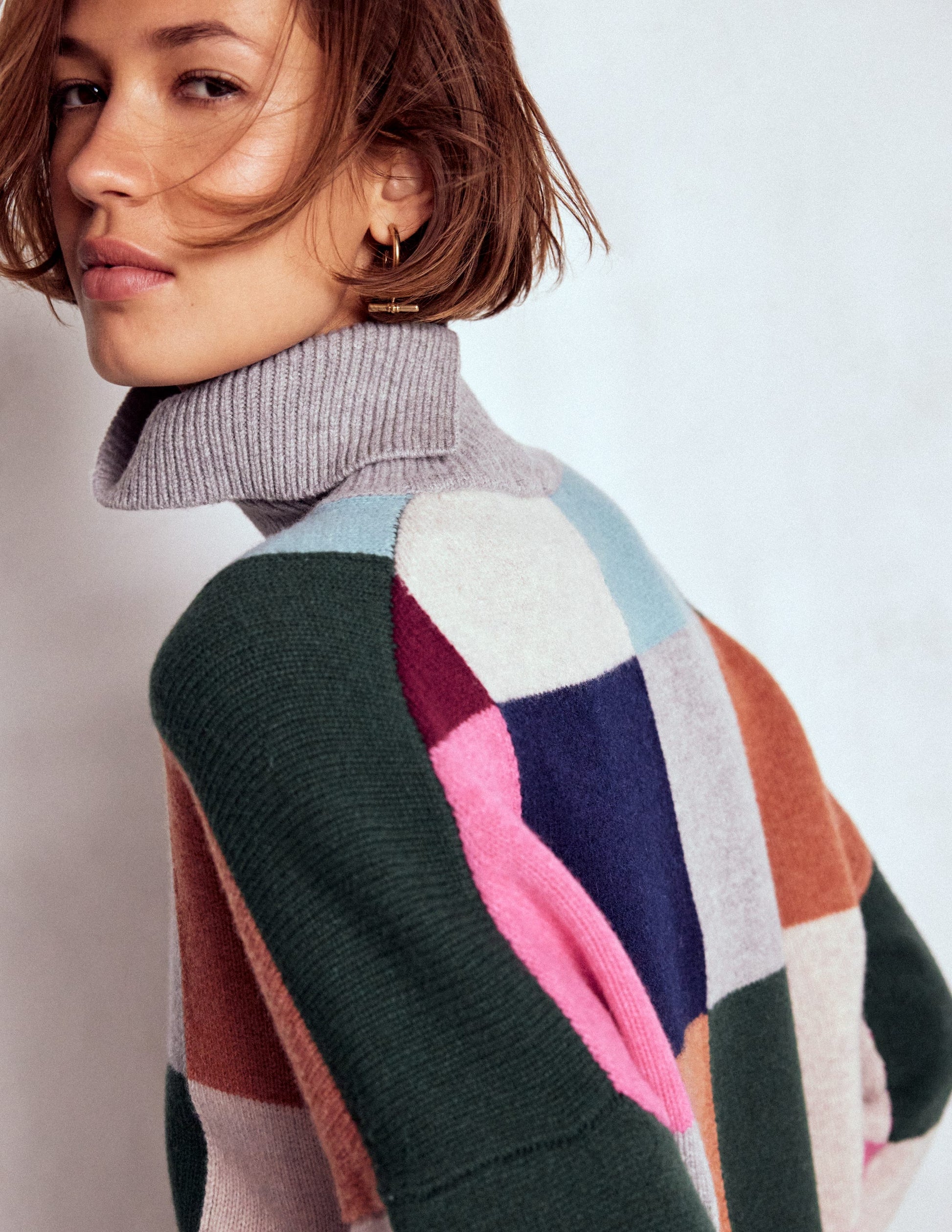 Polly Merino-Rollkragenpullover-Blaugrau Meliert mit Karos-3