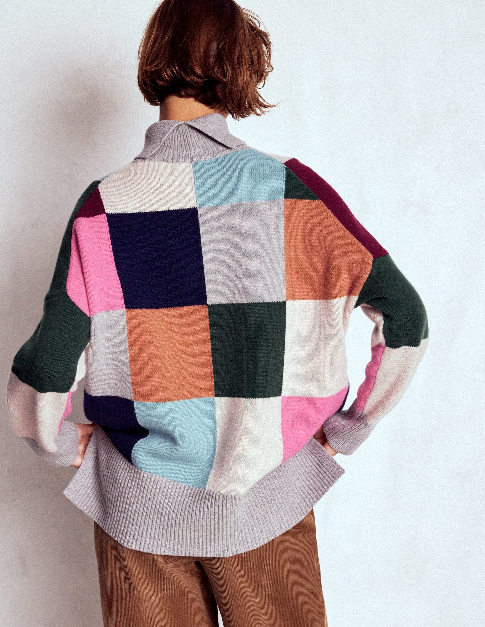 Polly Merino-Rollkragenpullover-Blaugrau Meliert mit Karos-4