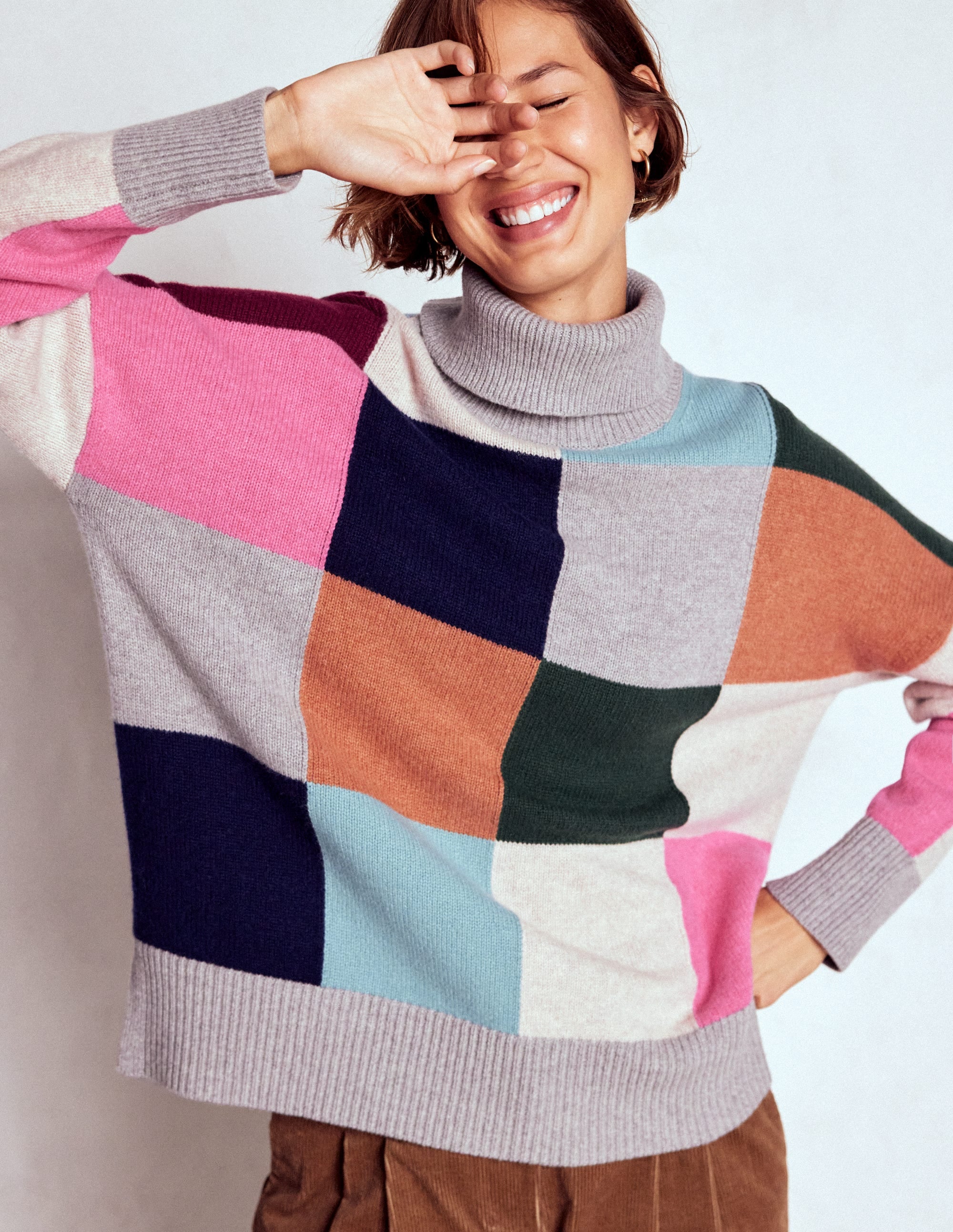 Polly Merino-Rollkragenpullover-Blaugrau Meliert mit Karos - Image 4