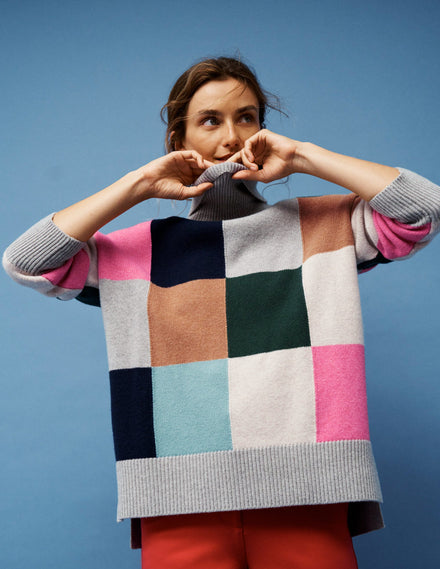 Polly Merino-Rollkragenpullover-Blaugrau Meliert mit Karos