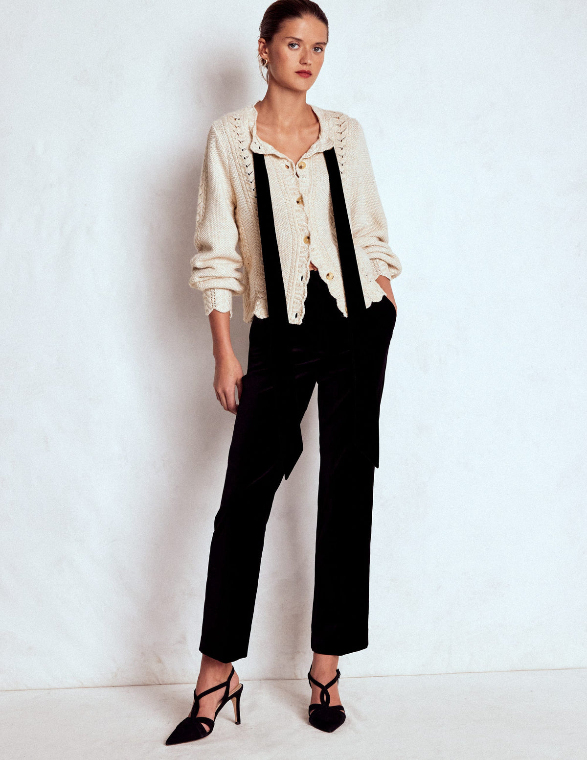 Samt-Strickjacke mit Zopfmuster und Schleife-Gold Glitzer - Image 4