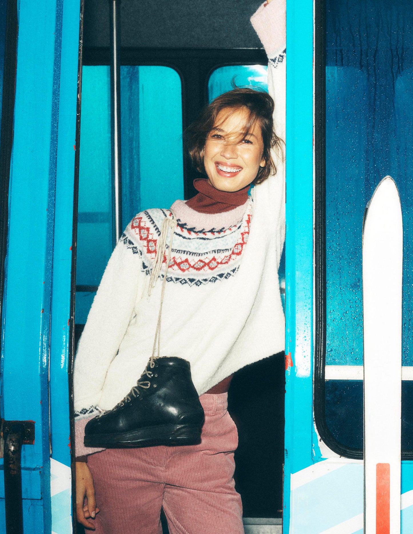 Pull à manches raglan en bouclé-Motif jacquard ivoire chaud