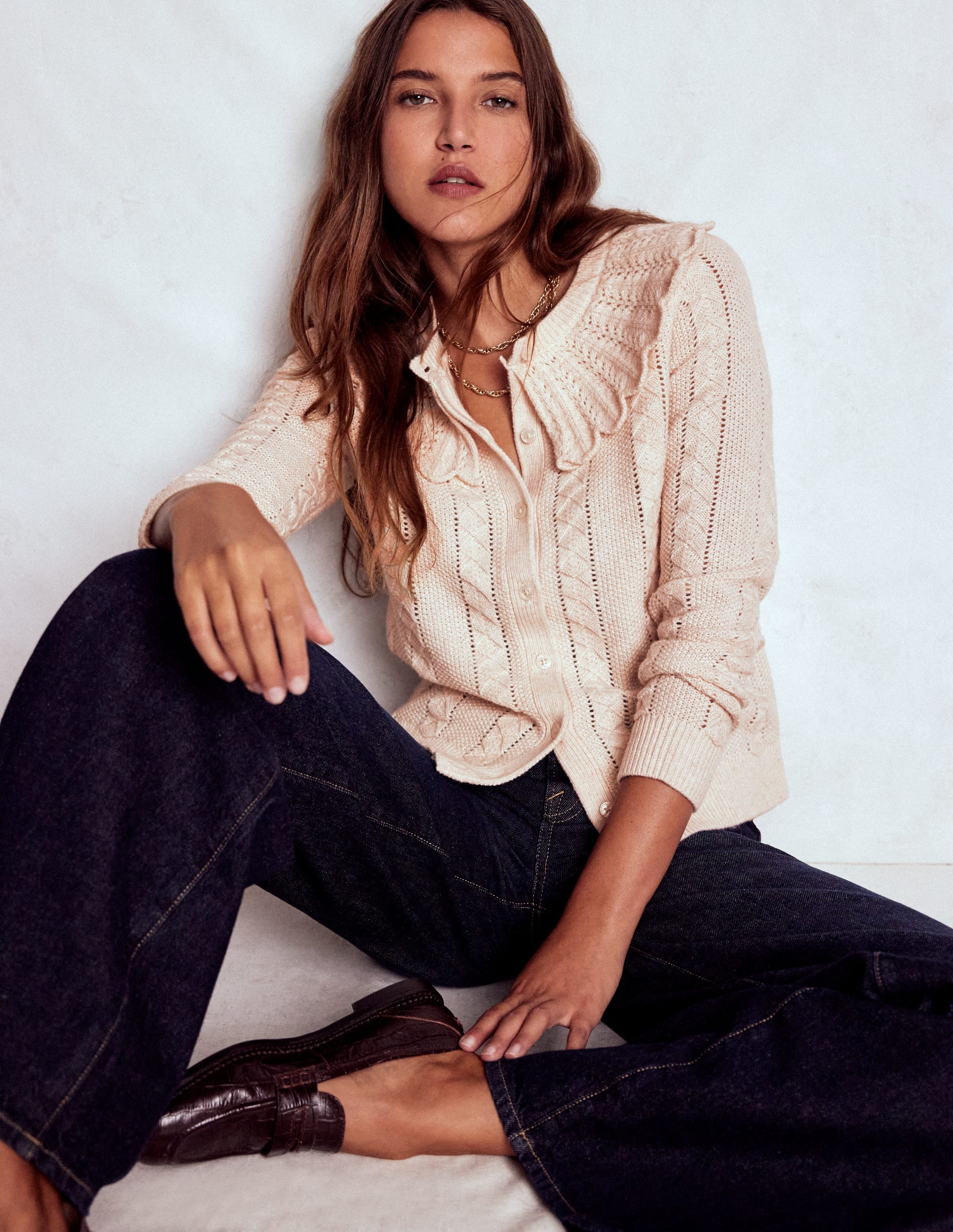 Strickjacke mit Muschelsaum am Kragen-Warmes Naturweiß Meliert - Image 1