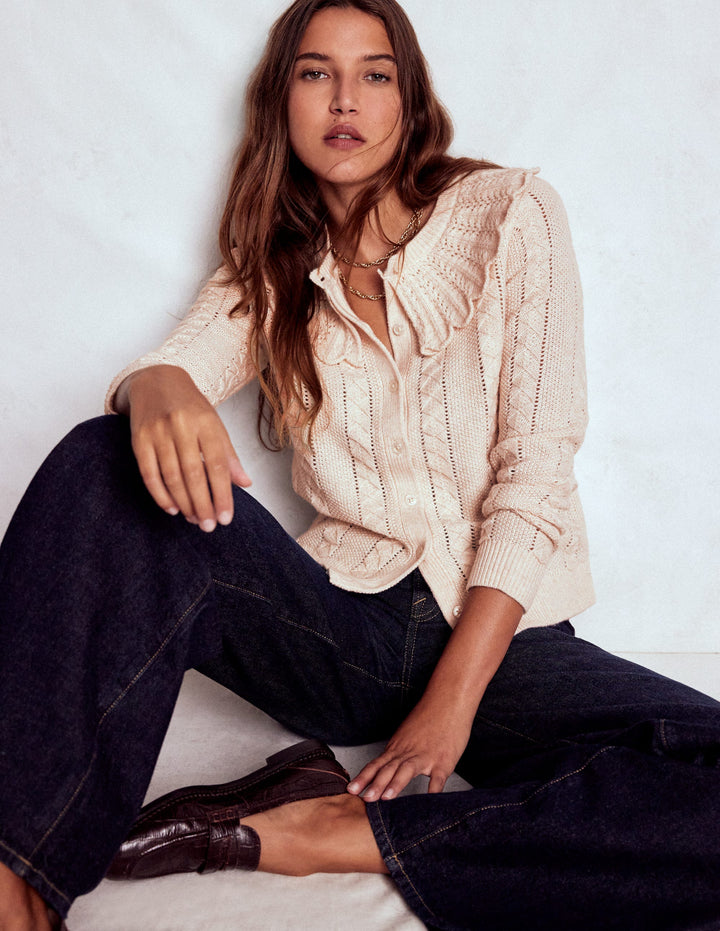 Strickjacke mit Muschelsaum am Kragen-Warmes Naturweiß Meliert