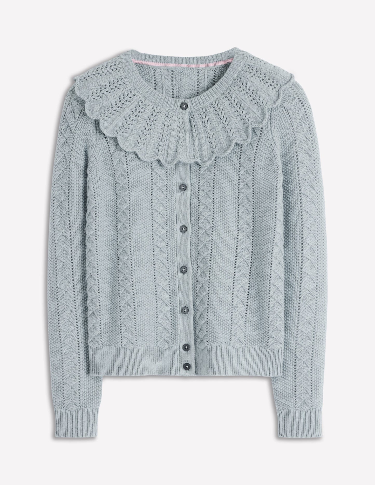 Strickjacke mit Muschelsaum am Kragen-Meeresnebel Blau Meliert