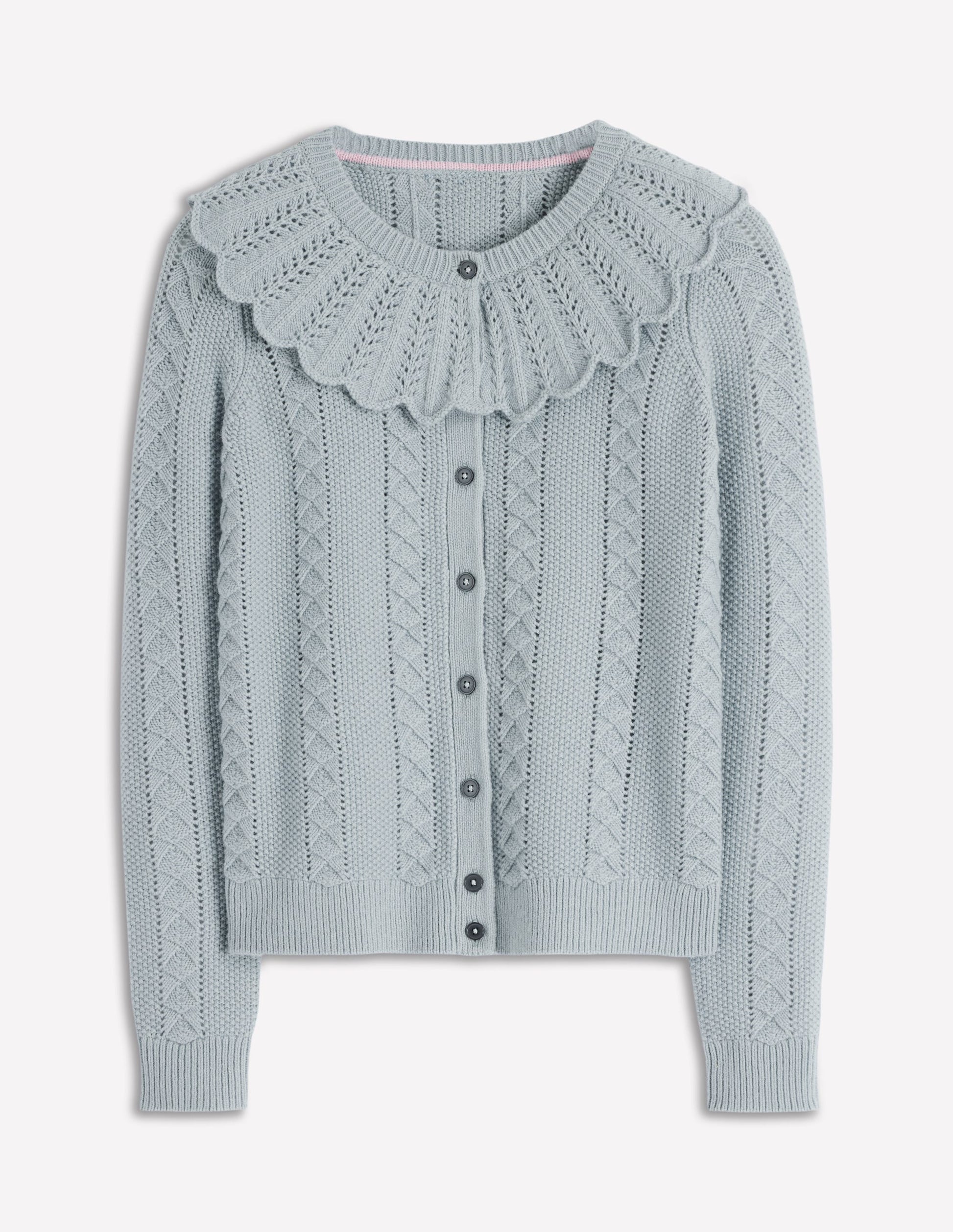 Strickjacke mit Muschelsaum am Kragen-Meeresnebel Blau Meliert-6