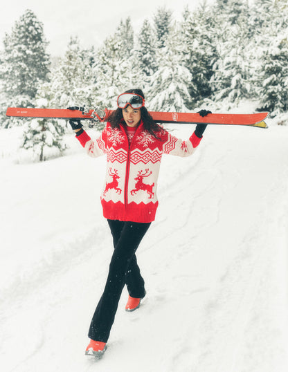 Zip Up Jacquard Cardigan-Poppy Red Reindeer-1