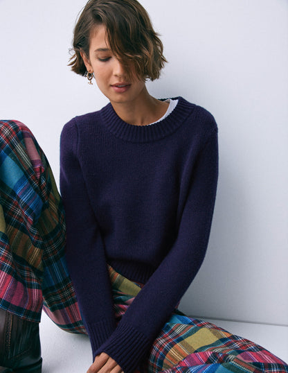 Verkürzter, grob gestrickter Kaschmirpullover-Marineblau-1