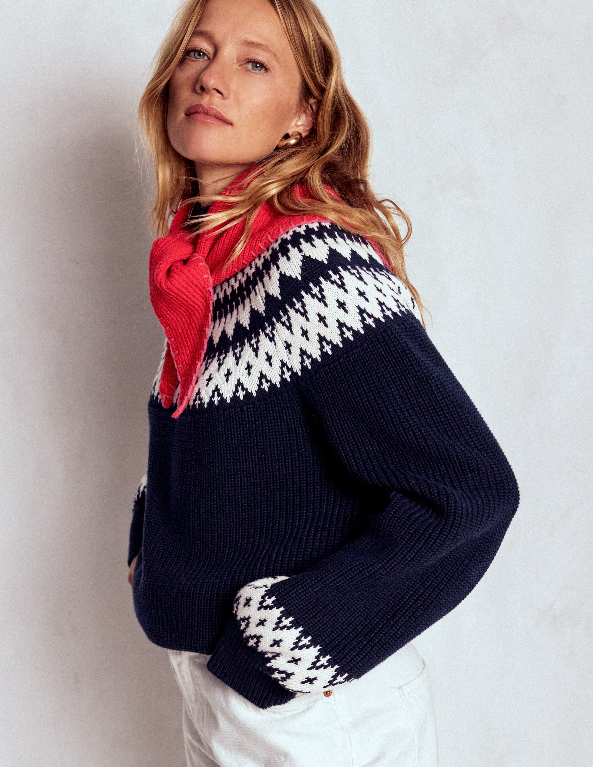 Bianca Hochgeschlossener Baumwollpullover-Navy mit Fair Isle - Image 1