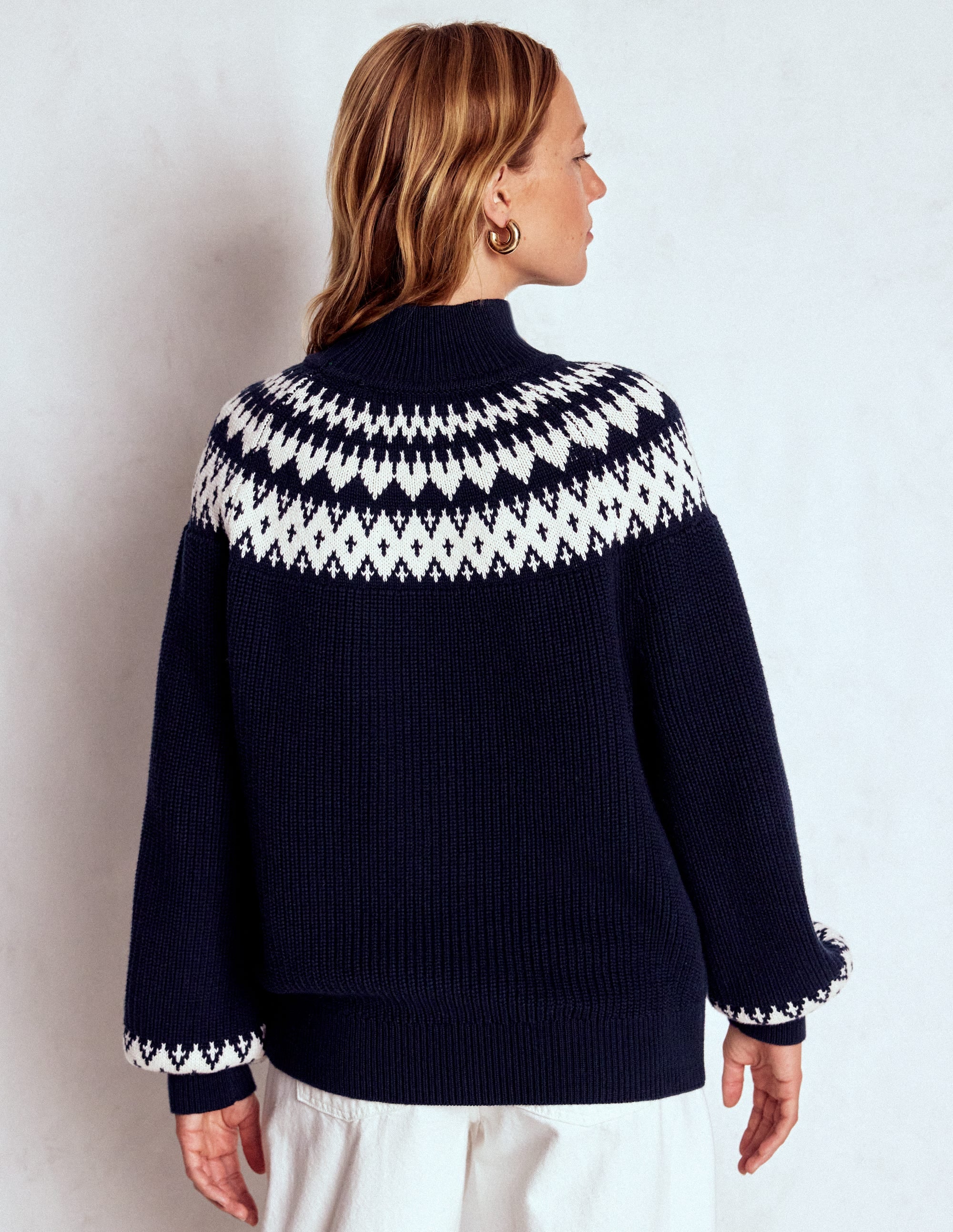 Bianca Hochgeschlossener Baumwollpullover-Navy mit Fair Isle - Image 3