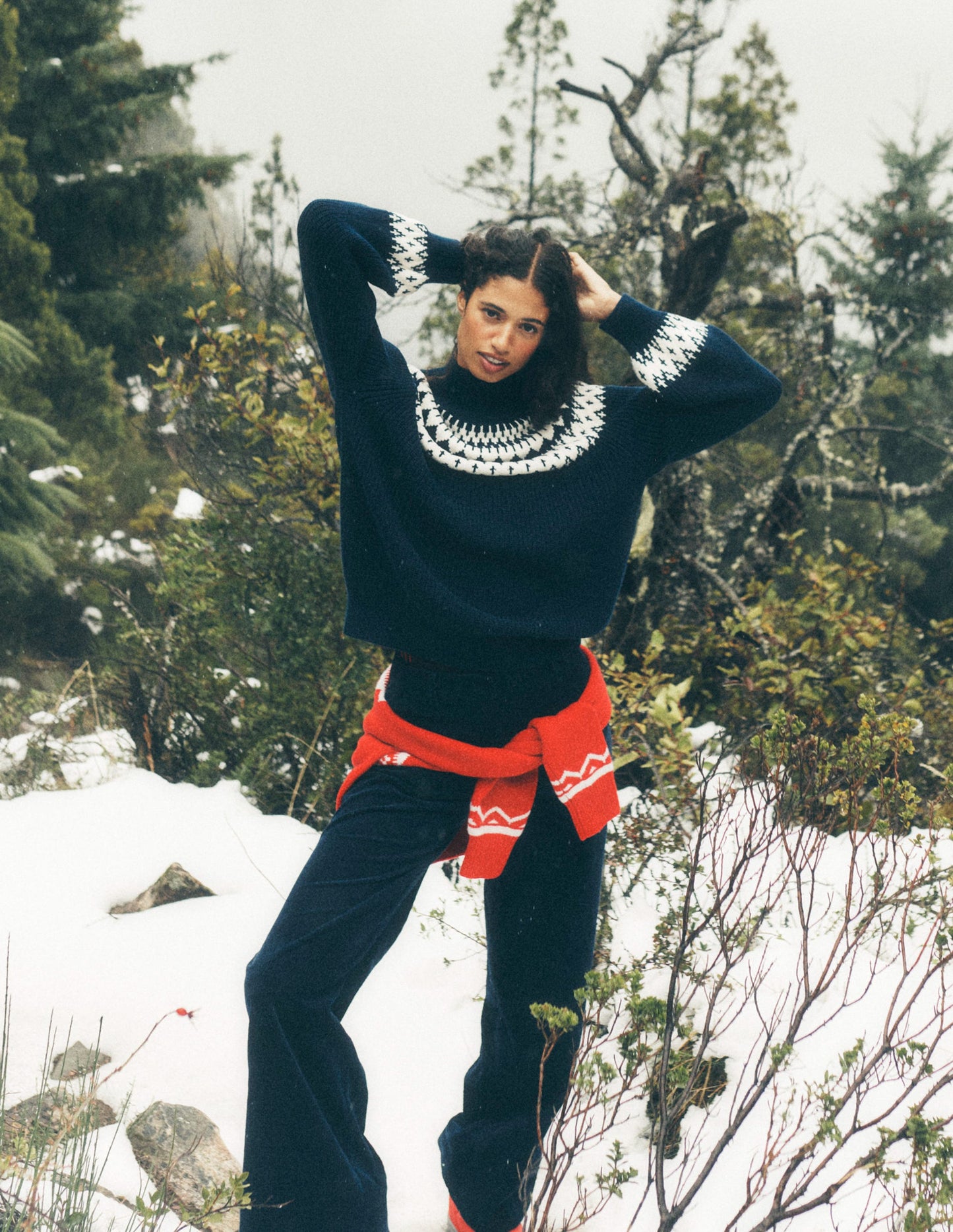 Bianca Hochgeschlossener Baumwollpullover-Navy mit Fair Isle