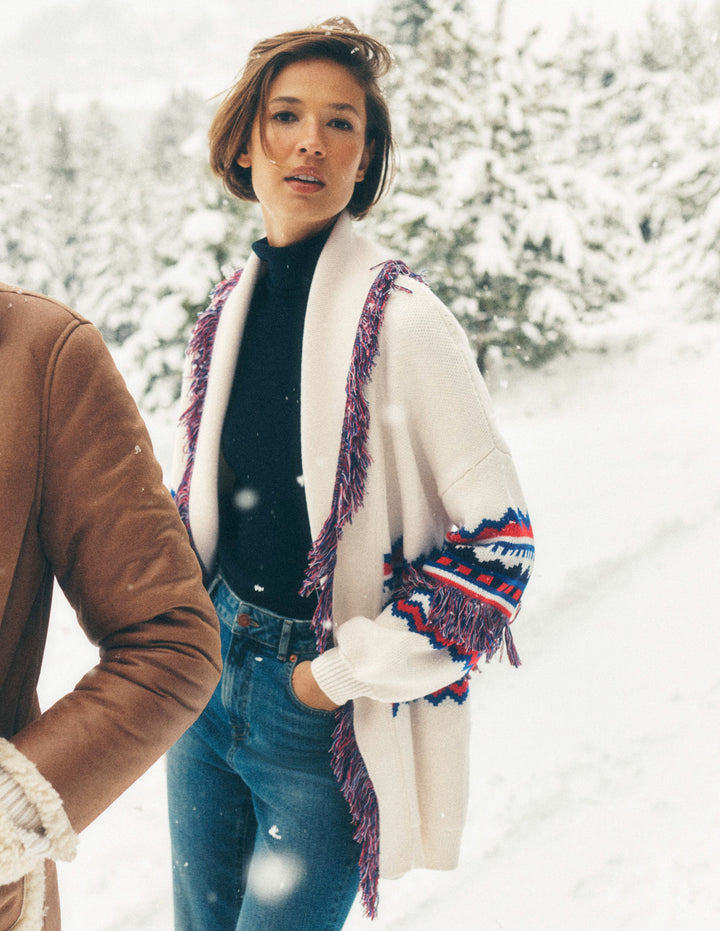 Jacquard-Strickjacke mit Fransen-Warmes Naturweiß Meliert