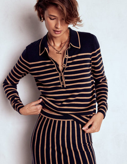 Pull Liz à col tunisien-Bleu marine / camel-3
