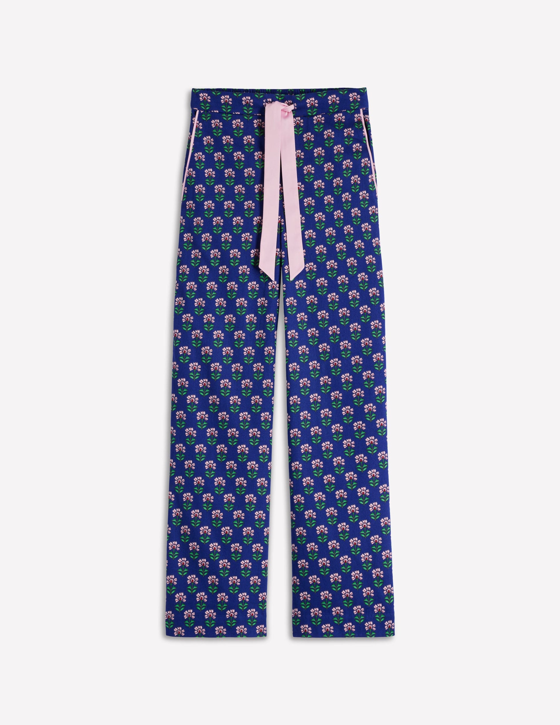 Cotton Pyjama Trousers-Bright Blue, Woodblock Flower-5