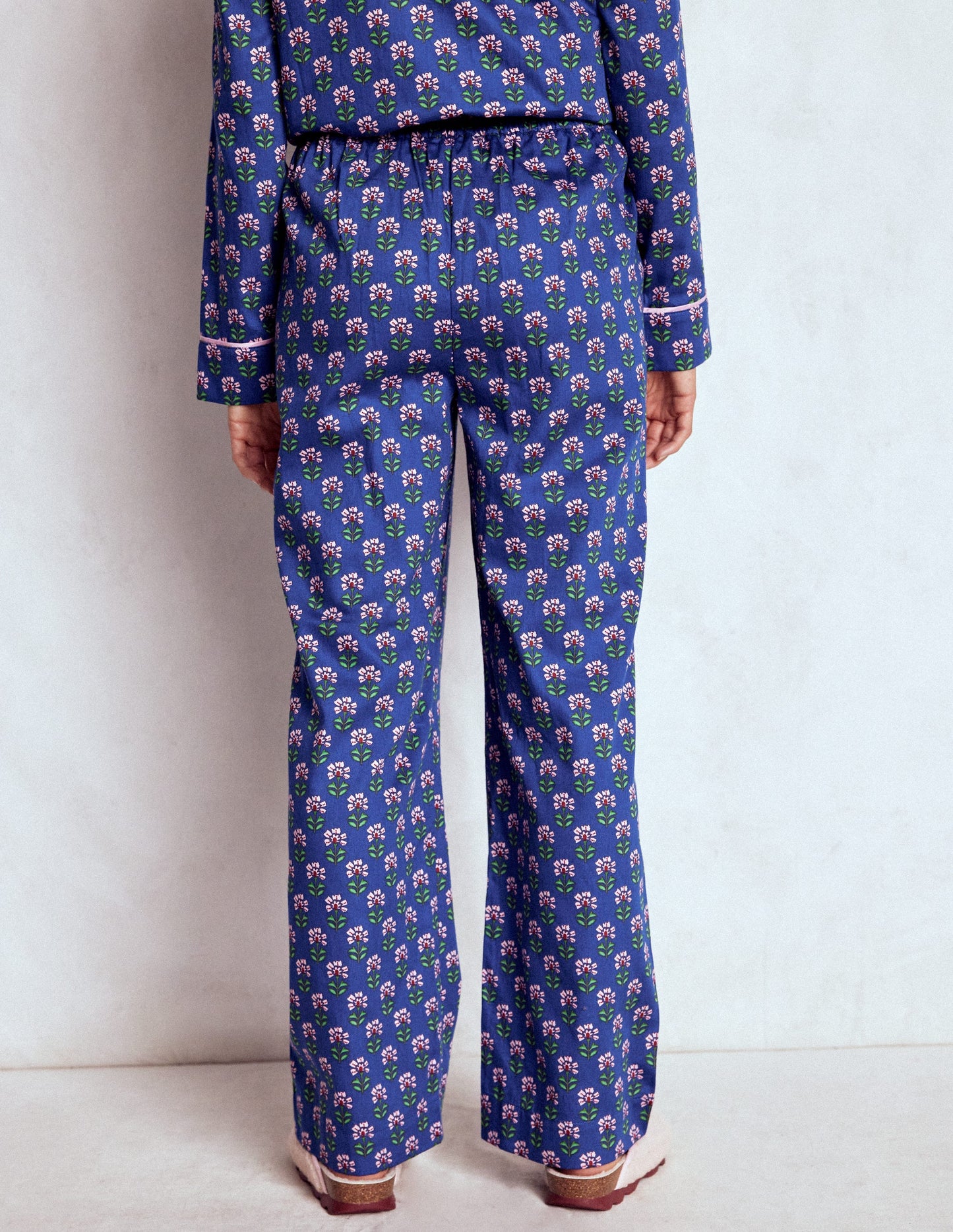 Cotton Pyjama Trousers-Bright Blue, Woodblock Flower
