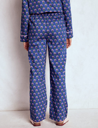 Cotton Pyjama Trousers-Bright Blue, Woodblock Flower-2