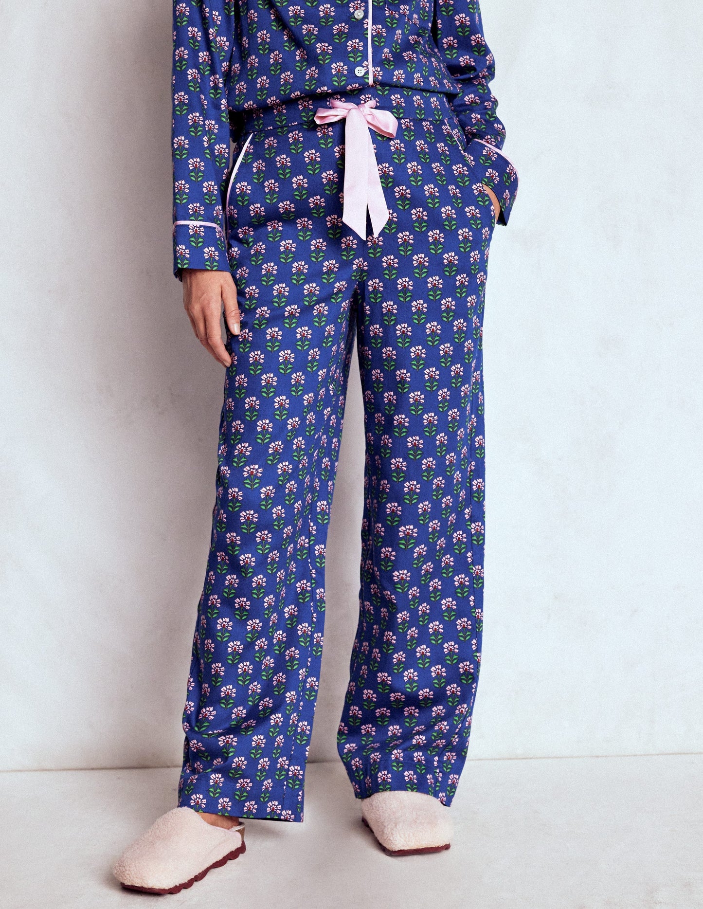 Cotton Pyjama Trousers-Bright Blue, Woodblock Flower