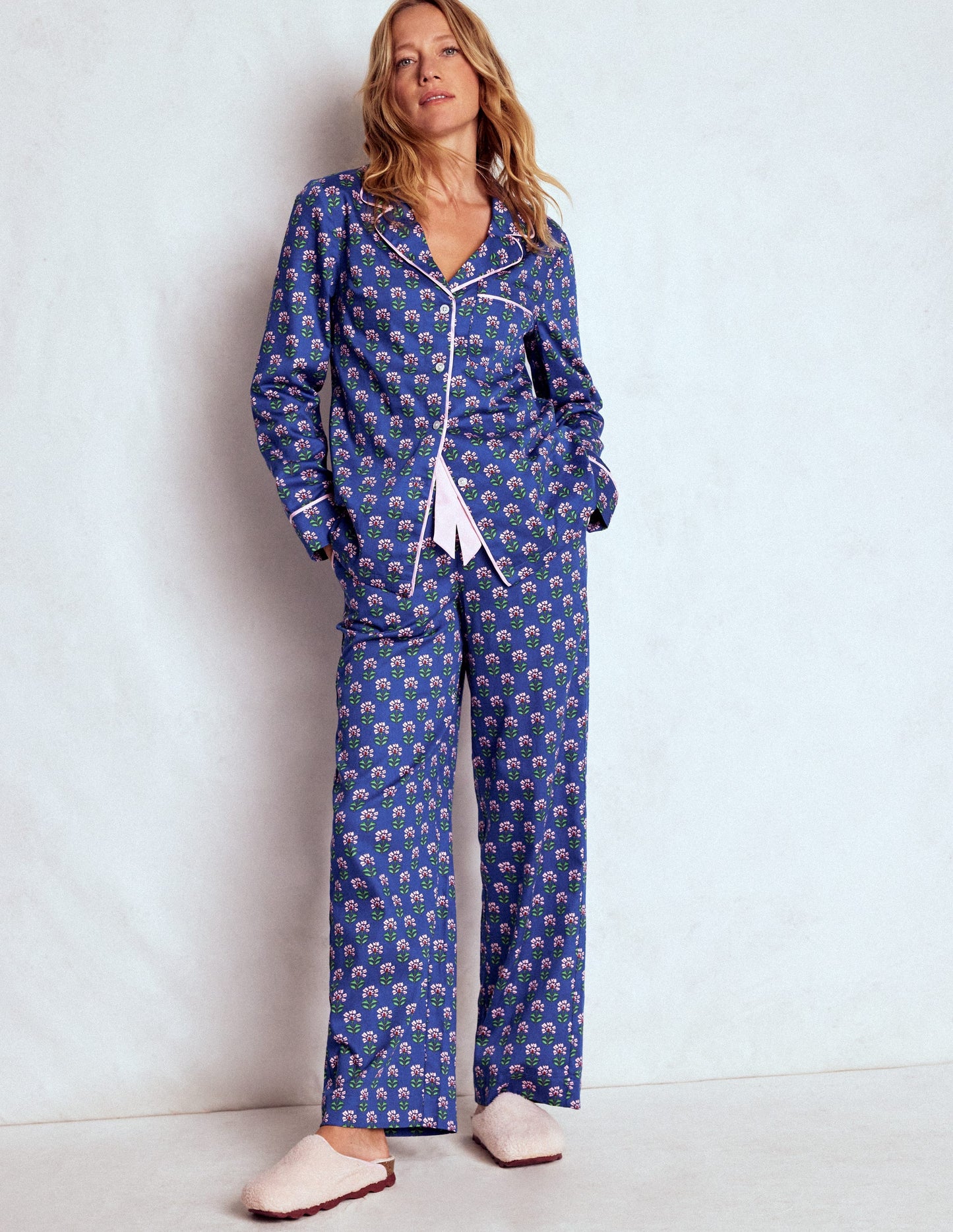 Cotton Pyjama Trousers-Bright Blue, Woodblock Flower