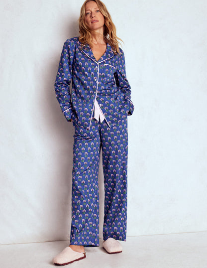 Cotton Pyjama Trousers-Bright Blue, Woodblock Flower-4