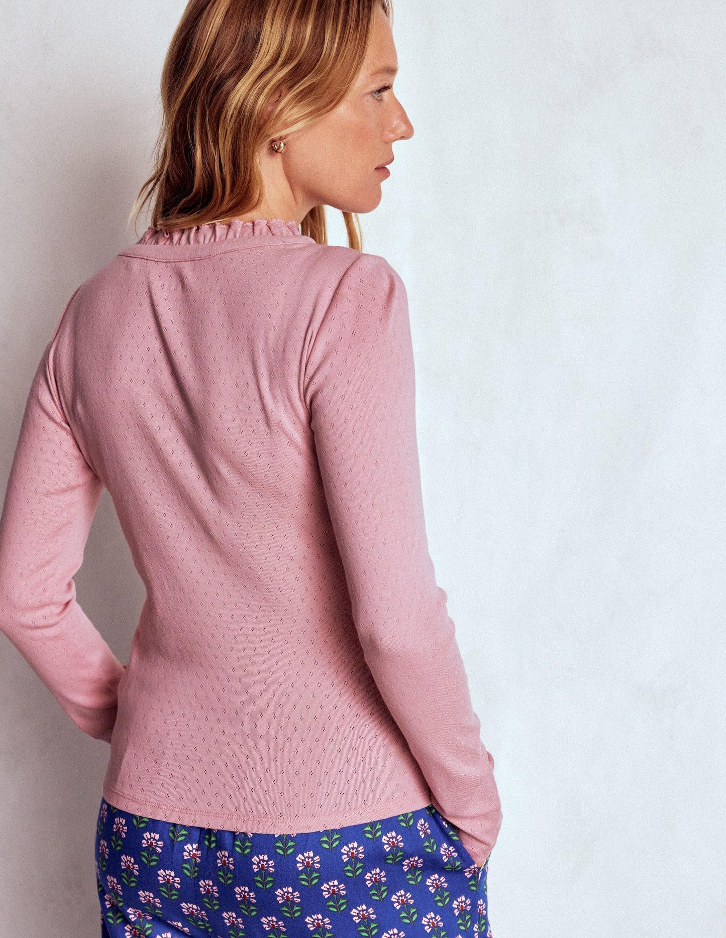 Henley Pyjama Top-Light Pink Marl