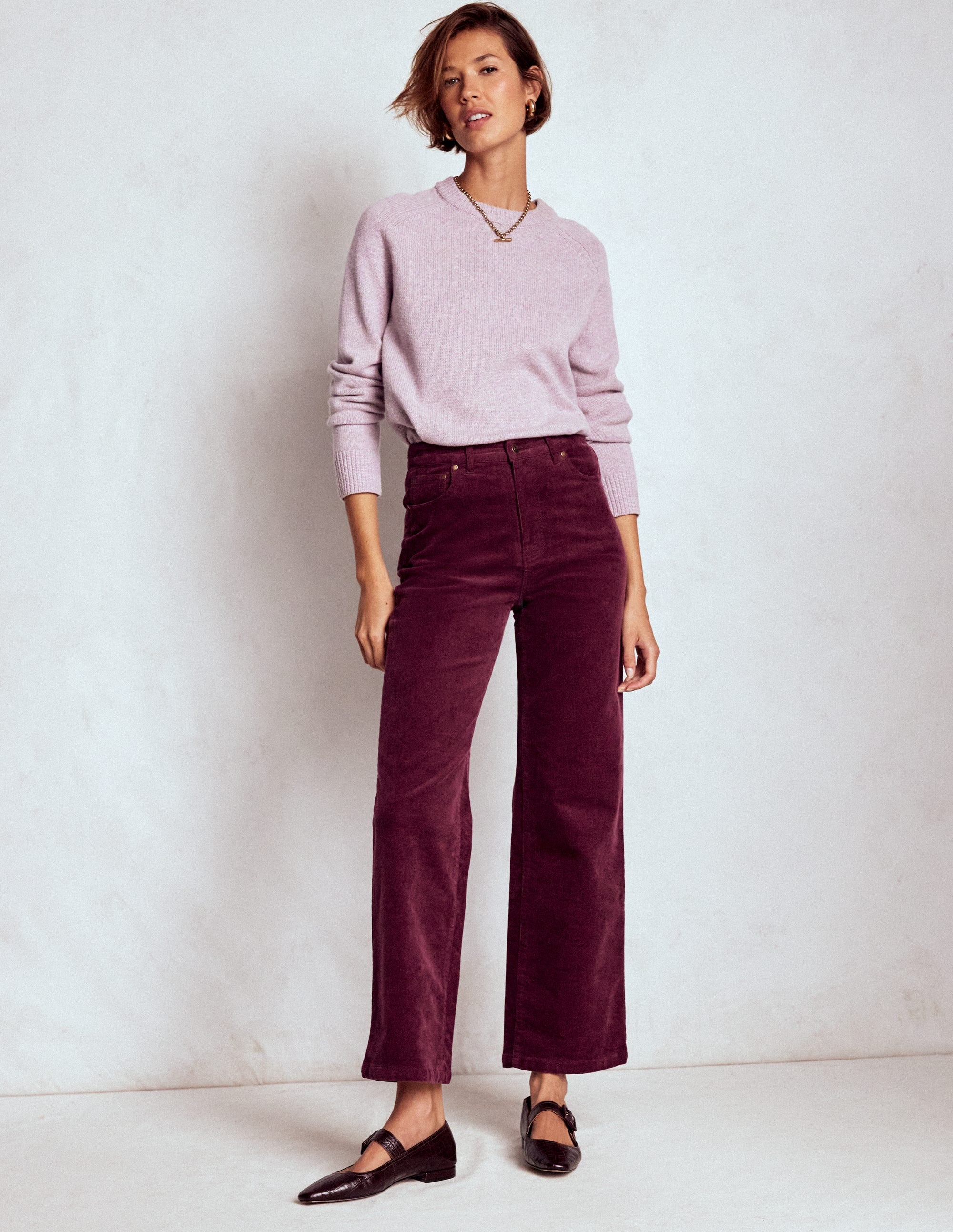 Cord-Jeans mit hohem Bund und geradem, lockerem Bein-Burgunderrot - Image 1