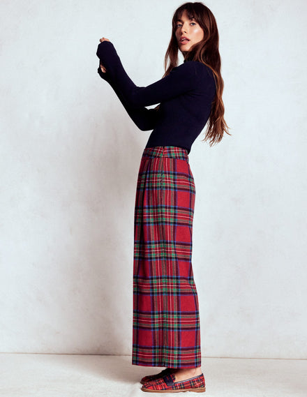 Jupe-culotte plissée en laine-Carreaux rouges, bleus et verts