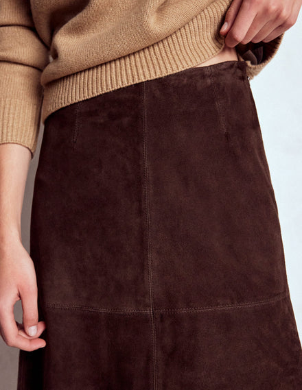 Jupe midi en daim-Chocolat noir