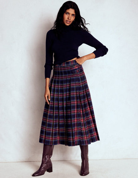 Jupe style kilt Josephine en laine-Carreaux bleu marine, verts et rouges