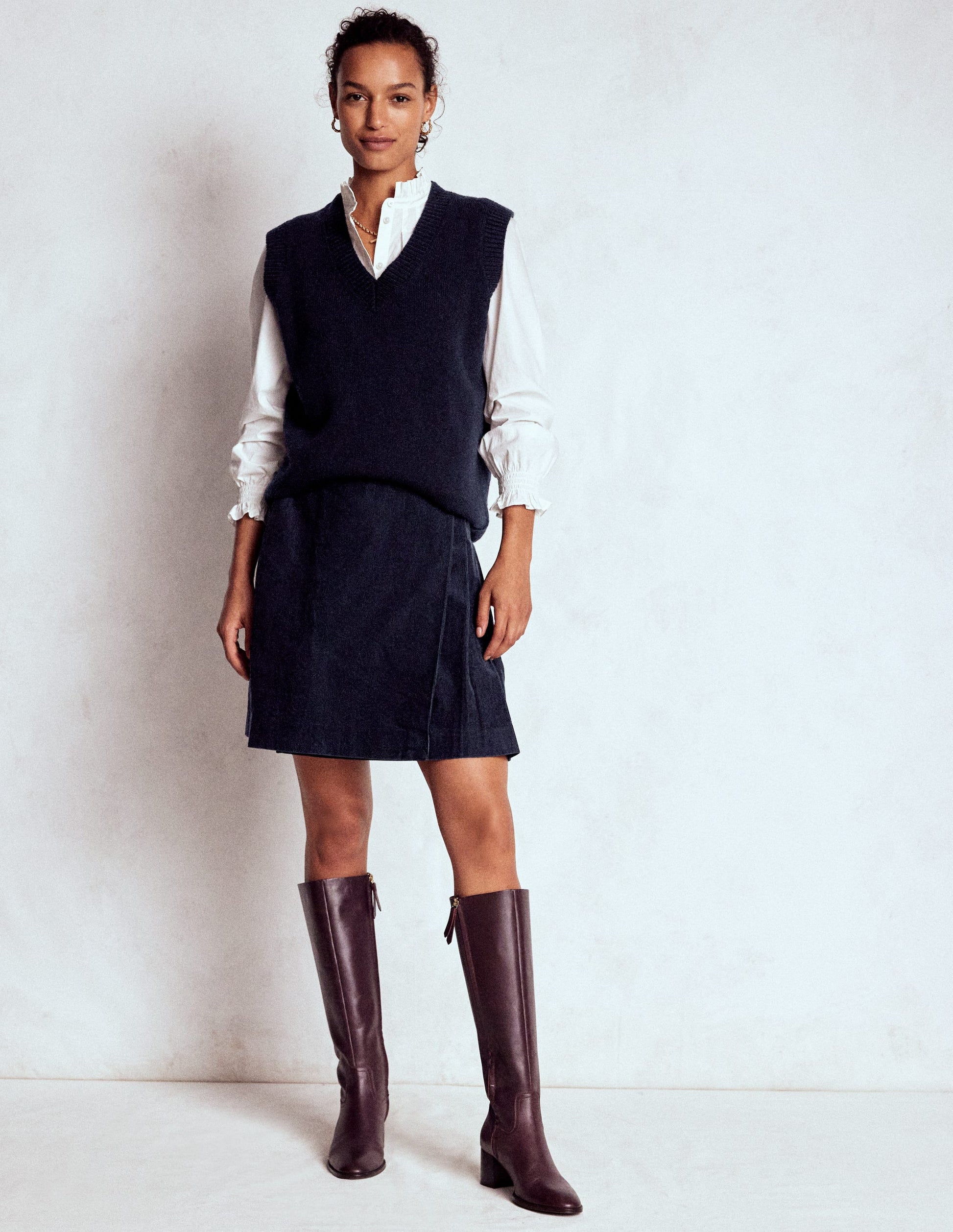 Jupe style kilt Helen en velours côtelé-Bleu marine-2