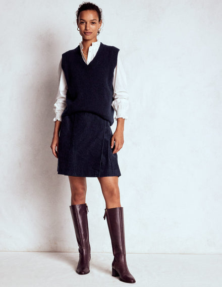 Jupe style kilt Helen en velours côtelé-Bleu marine