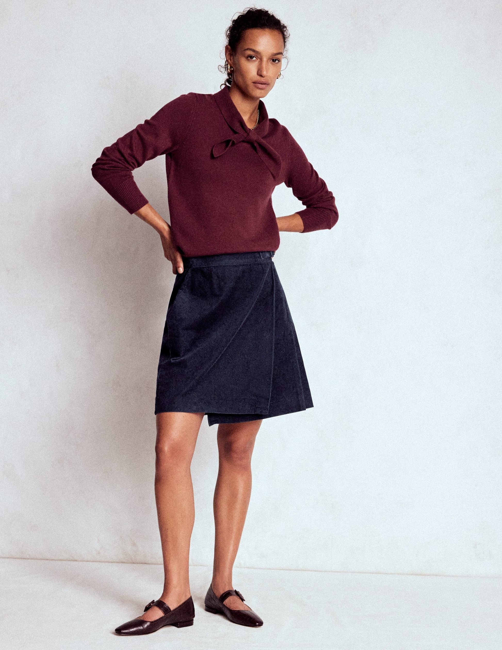Jupe style kilt Helen en velours côtelé-Bleu marine-5