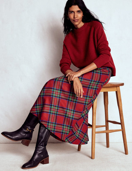 Jupe midi Hayley en laine-Carreaux rouges, bleus et verts