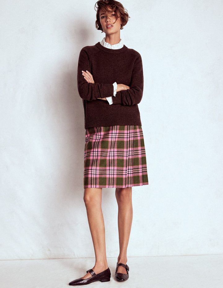 Jupe style kilt Helen en laine-Carreaux olive, verts et roses