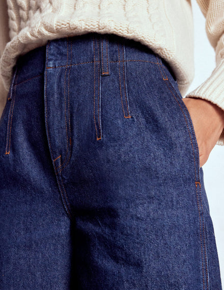 Stitch Detail Wide Leg Jeans-Indigo