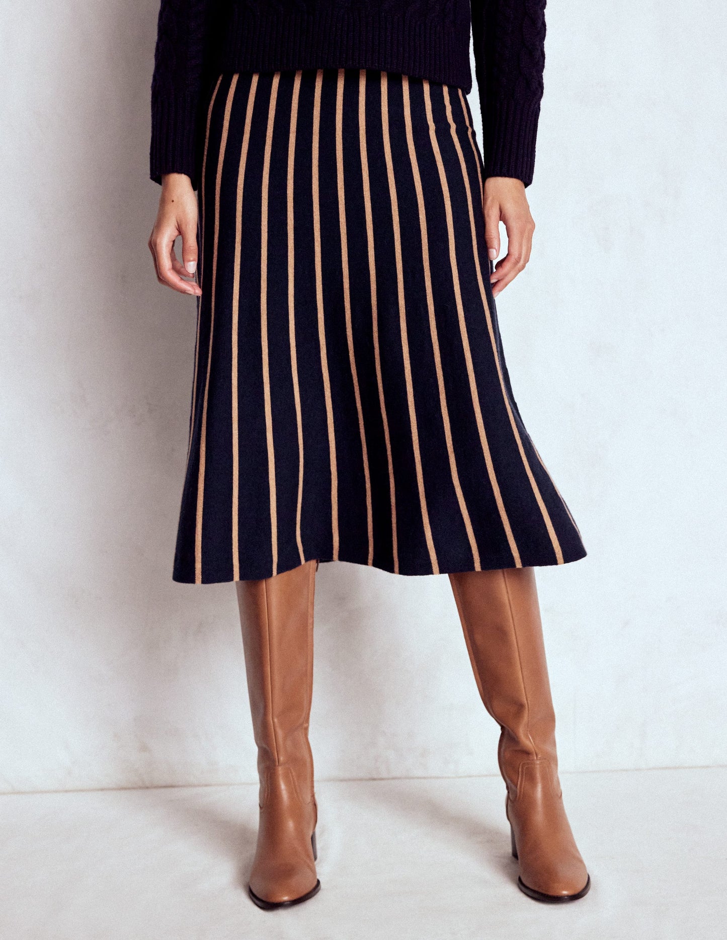 Jupe midi Liz en maille-Rayé bleu marine et camel