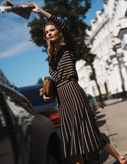 Jupe midi Liz en maille-Rayé bleu marine et camel