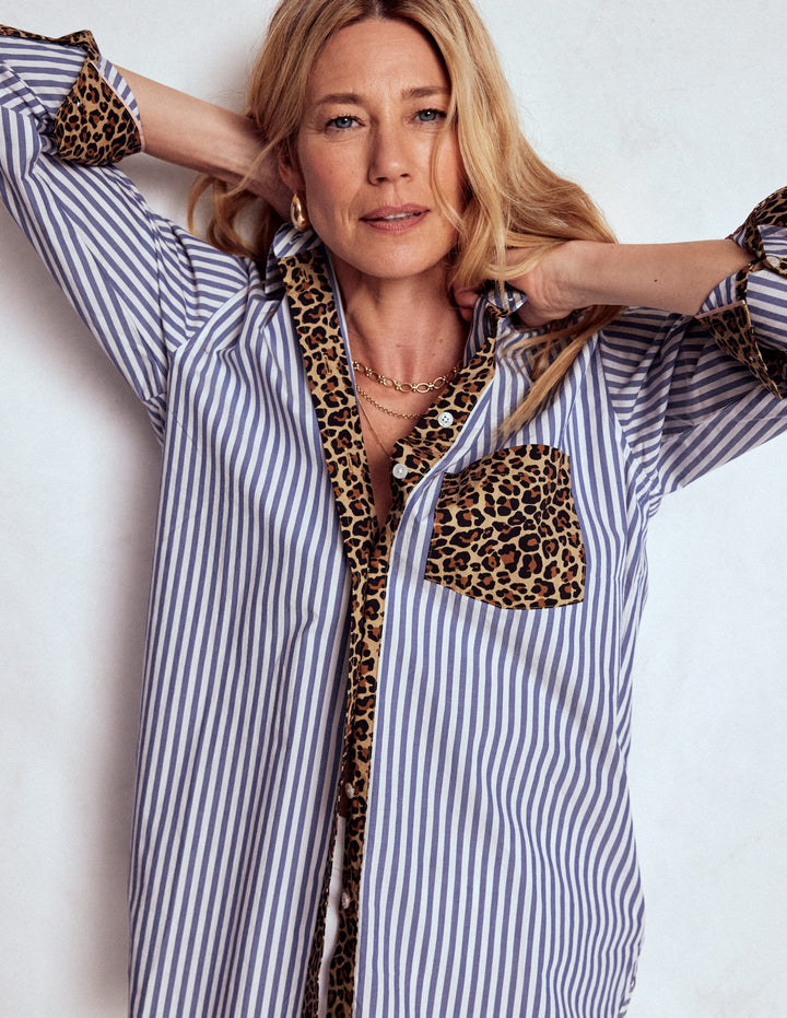 Sadie Relaxed Cotton Shirt-Blue Stripe, Cheetah Pop Hotch
