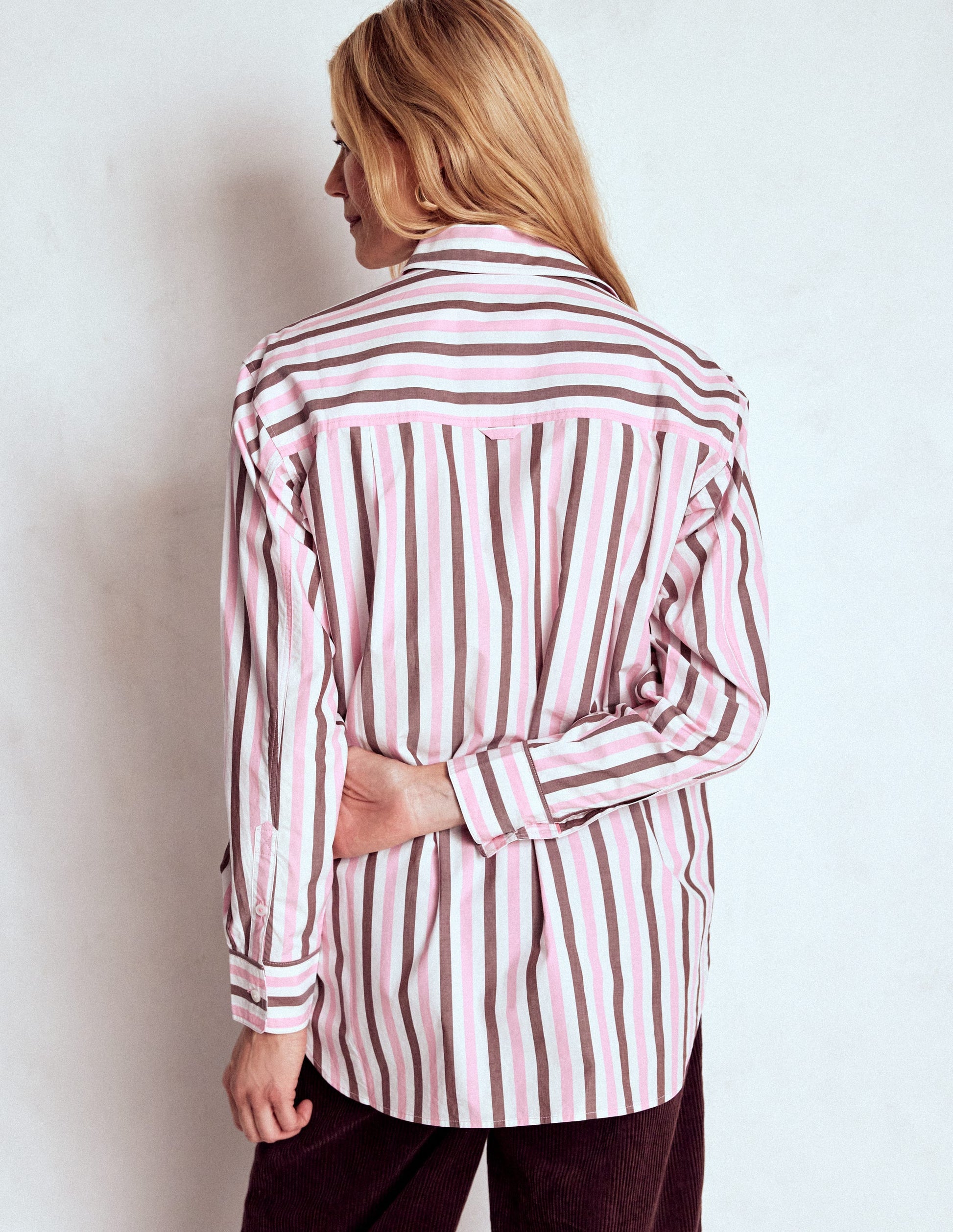 Sadie Lockeres Baumwollhemd-Rosa und Kastanienbraun Streifen-3