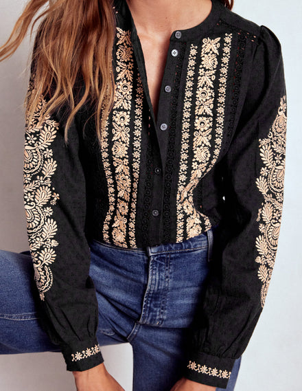 Top brodé en coton-Noir
