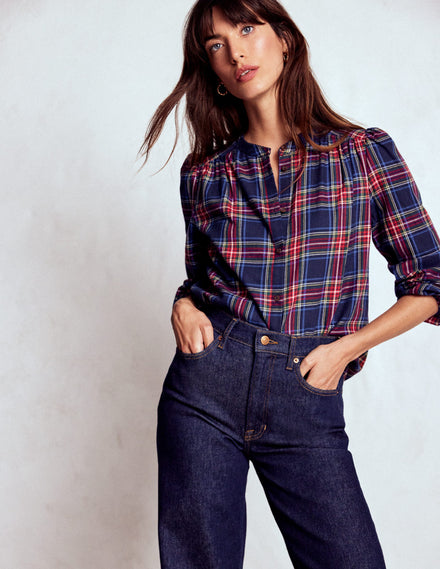 Top Layla en coton brossé-Carreaux bleu marine et rouge