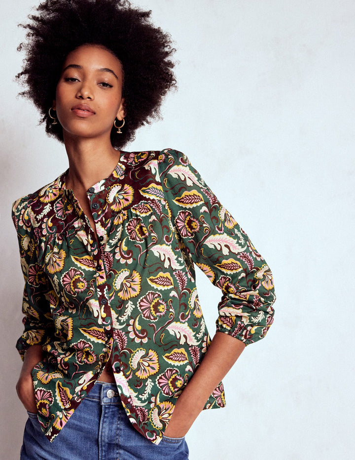 Top Corrine en coton-Vert foncé, motif Ornate Meadow