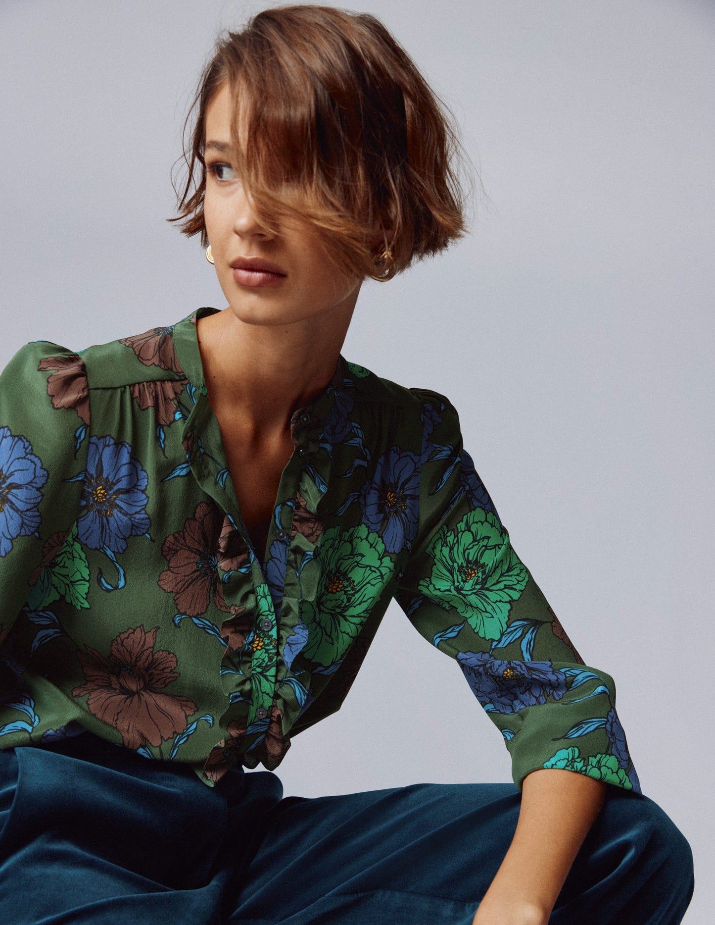 Alice Seidenoberteil mit Rüschen vorn-Grün, Pfingstrose