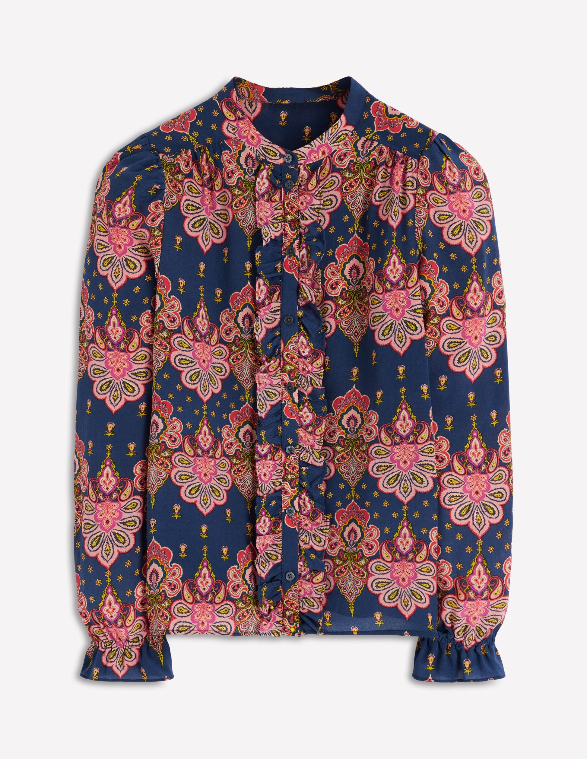 Alice Seidenoberteil mit Rüschen vorn-Marineblau, Paisley-Verzierung-5