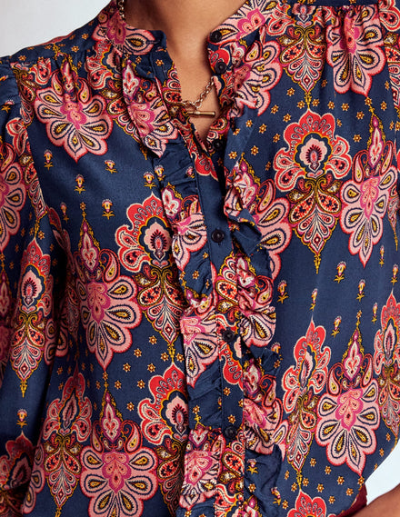 Alice Seidenoberteil mit Rüschen vorn-Marineblau, Paisley-Verzierung