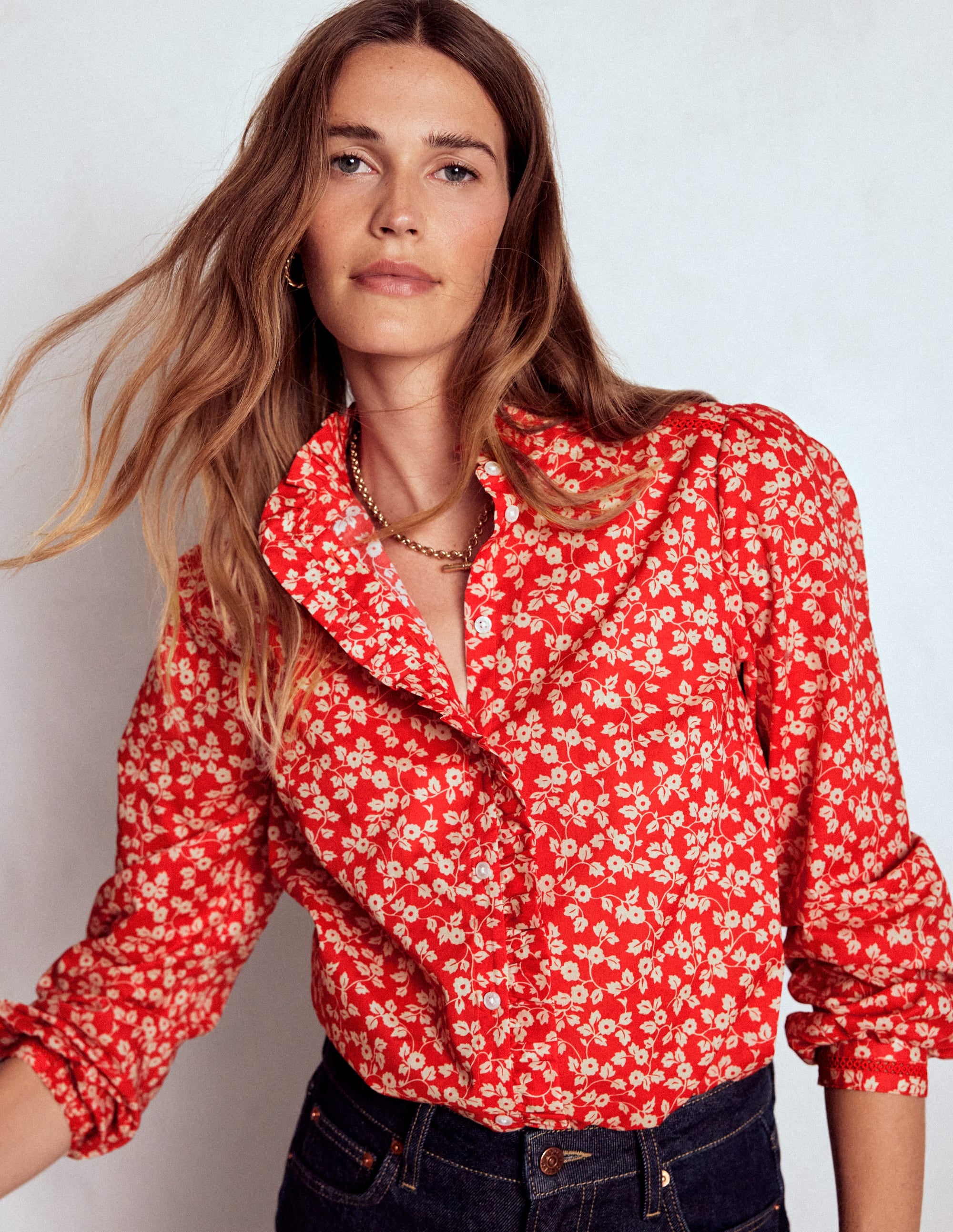 Helena Cotton Top-Cranberry Red, Delicate Vine - Image 1