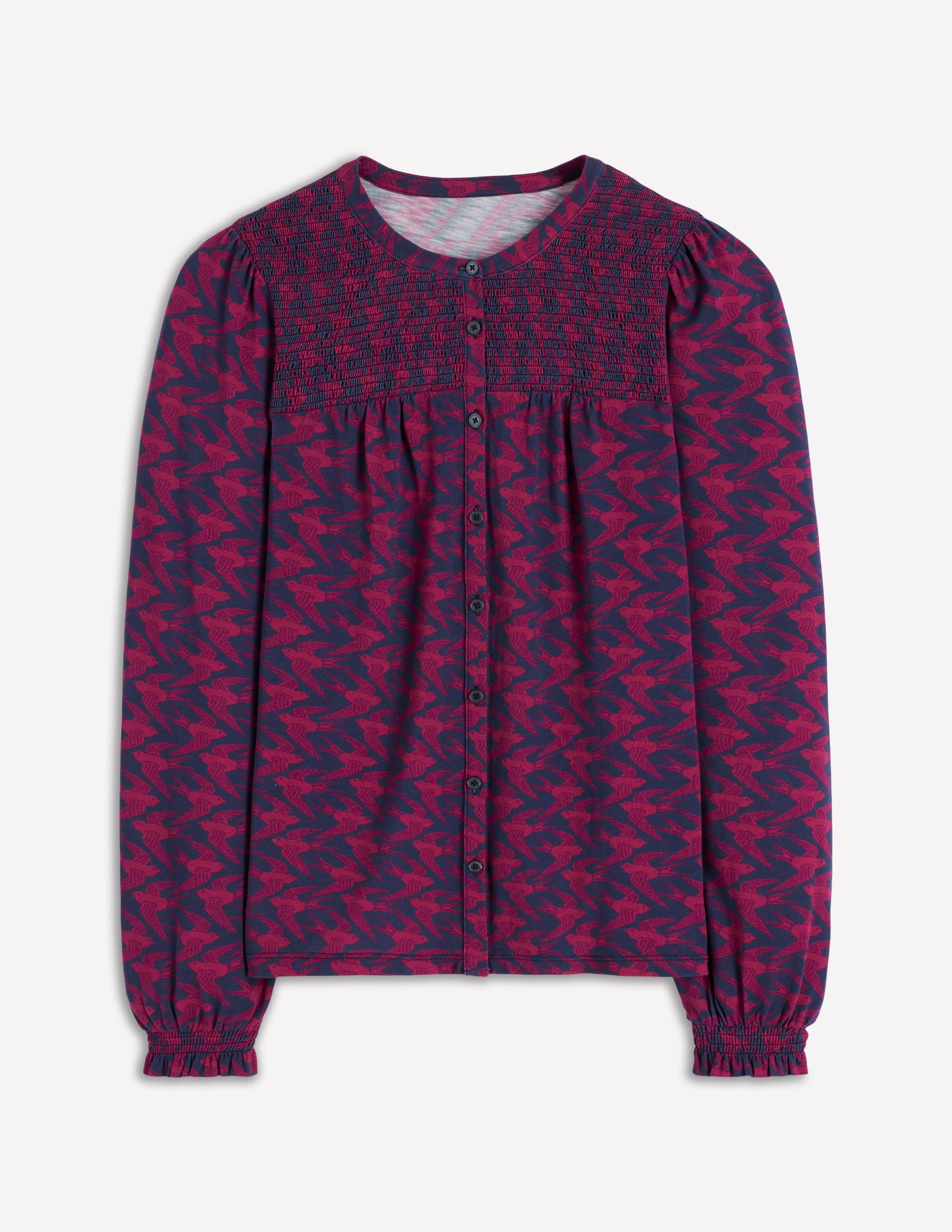 Elsa Jerseyhemd mit gesmokter Passe-Französisches Marineblau, Schwalben - Image 2