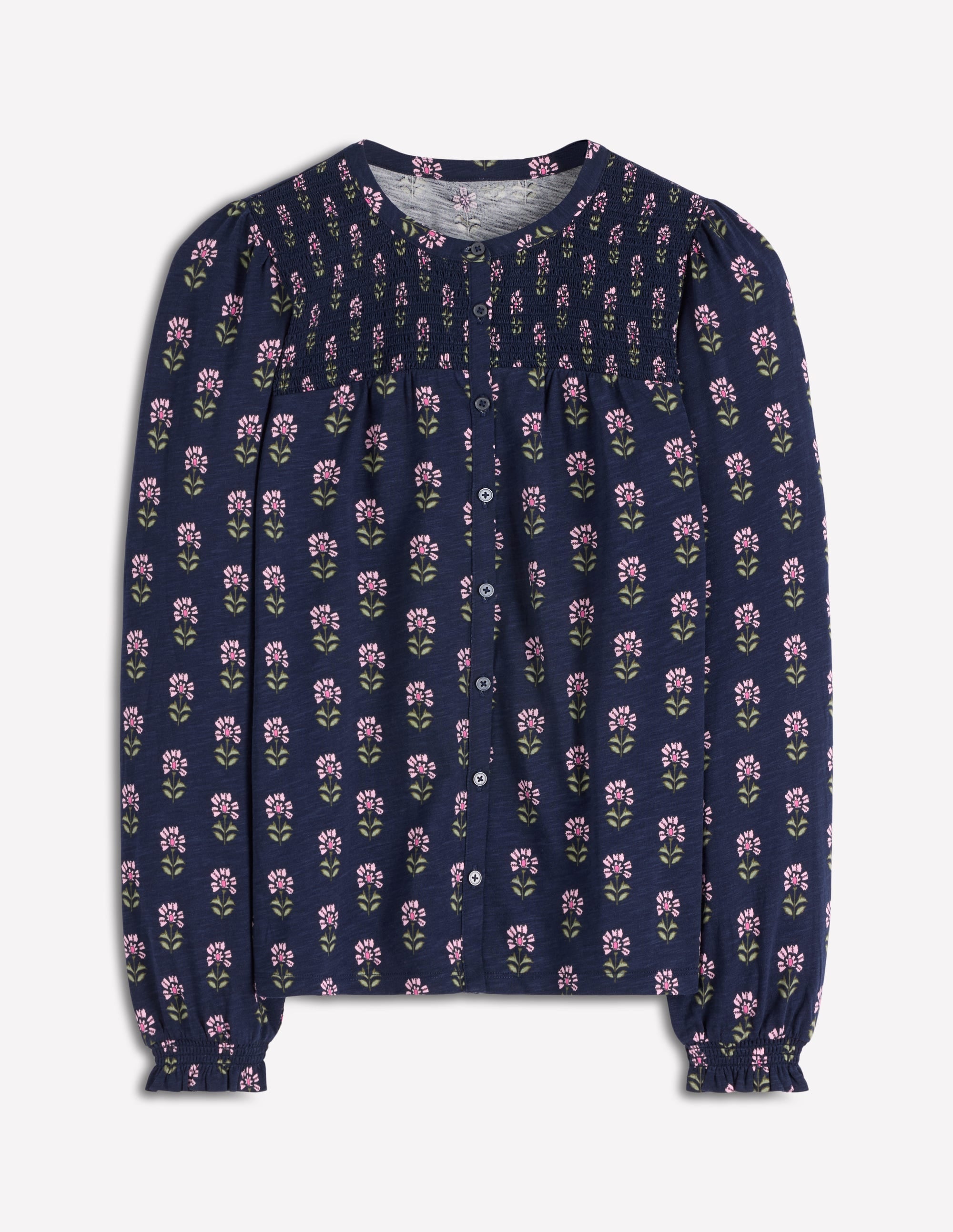 Chemise Elsa en jersey avec empiècement à smocks-Bleu marine, motif floral xylographique - Image 6